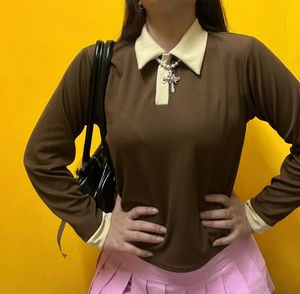 Brown Ribbed Polo Long Sleeve Top