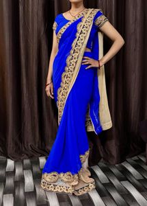 Beautiful Royal Blue Saree with Gold Lace