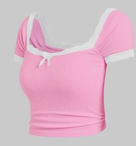 Pink Lace Trim Crop Top