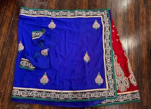 Royal Blue &amp; Red Saree Lehenga-Embroidered Blouse