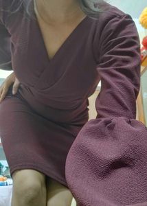 Burgundy V-Neck Dress with Bell Sleeves