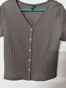 Brown Button-Down Short Sleeve Top