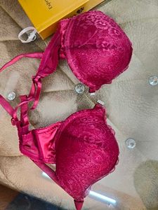Wine Red Push Up Back Lace Bra Underwear Set