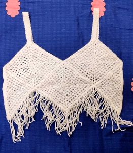White Crochet Fringe Crop Top