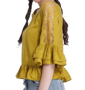 Mustard Yellow Lace-Detail Peplum Top