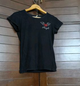 Women Black Cotton Embellished Logo Casual Tshirt