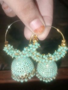 Mint Beaded Jhumka Hoop Earrings