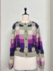purple Checkered Knit Cardigan