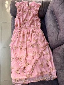 Pink Floral Printed Layered Midi Dress