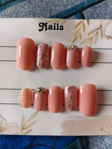 Peach Press-On Nails with Rhinestones