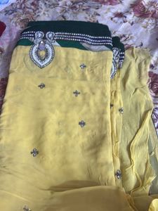 Yellow &amp; Green Embellished Sari