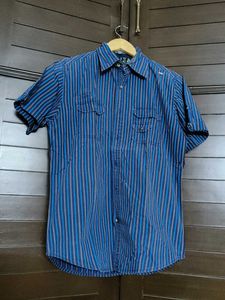Mufti Men Blue Striped Cotton Casual Shirt