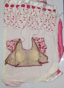 Elegant Pink &amp; Creme colour Embroidered Saree