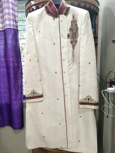 OFF WHITE GROOM SHERWANI WITH MAROON PAJAMA SET