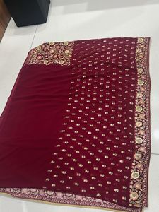 Maroon Embroidered Sarees With Ready Blouse