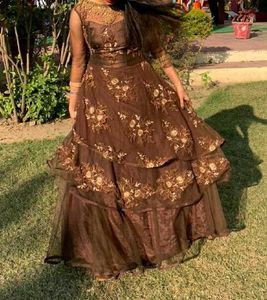 Brown Floral Embroidered Gown