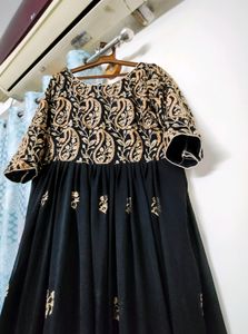 Ethnic Black Georgette With Gold Thread Work Gown