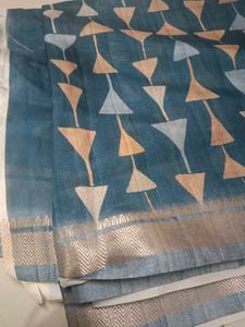 Blue Linen Saree with Geometric Print