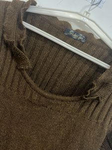 Brown Ruffle Neck Knit Top