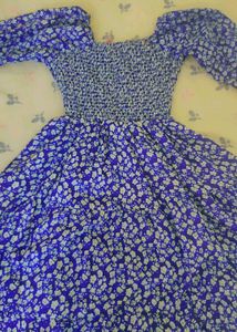 Blue Floral Print Smocked Dress