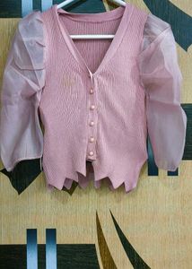 Pink Ribbed Button-Down Cardigan