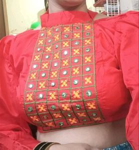 Red Embroidered High Neck Crop Top