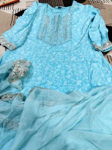 Sky Blue Embroidered Kurti Set