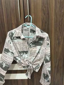 Newspaper Print Tie-Front Top