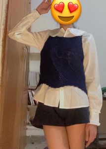 Navy Blue Cable Knit Self Design Crop Pullover Top
