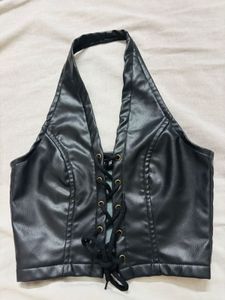 Lace-Up Faux Leather Halter Top