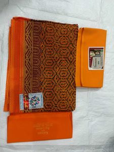 Orange Cotton Saree Fabric With Blouse & Peticot