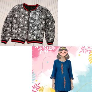 Floral Designed Jacket And Blue Cotton Kurta