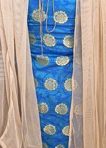Blue And Gold Salwar Set With Net  Dupatta