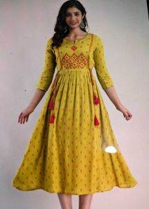 Yellowish Green Embroidered Tassel Dress