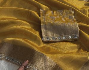 Pure Tissue Silk Golden Saree with Blouse Piece