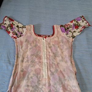 Floral Red - Off White Churidar Top