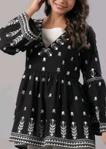 Black Embroidered Peplum Top