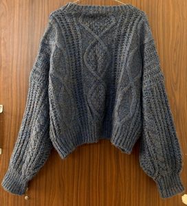 Blue Knit Cable Pullover Sweater