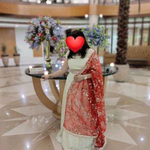 OFF WHITE LEHNGA WITH RED DUPPATA