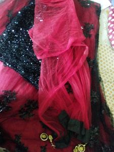Red Black Net Lehenga