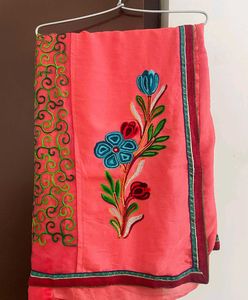 Coral Pink Saree with Floral Embroidery + Blouse