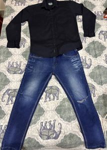 Combo of Black shirt and blue jeans