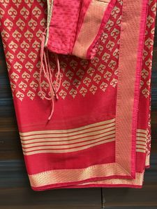 coral printed border saree with blouse