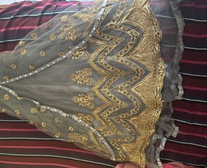 Elegant Grey &amp; Gold Anarkali Kurta Set with embroi