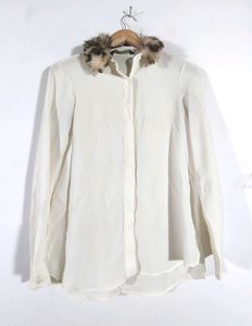 Zara White Blouse with Fur Collar