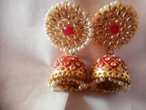 Red &amp; Gold Jhumka Earrings
