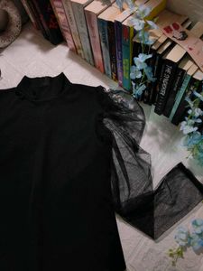 Black Mock Neck Top with Mesh Sleeves
