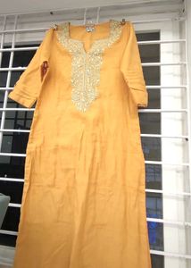 Mustard Yellow Cotton Embroidery Kurthi
