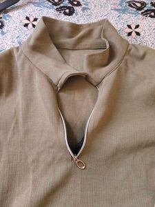 Olive Green Ribbed Zip-Up Mock Neck Top