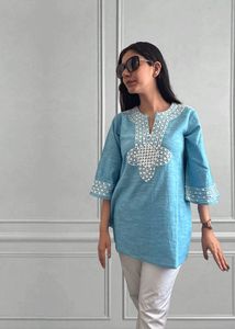 Embroidered Blue Tunic Top